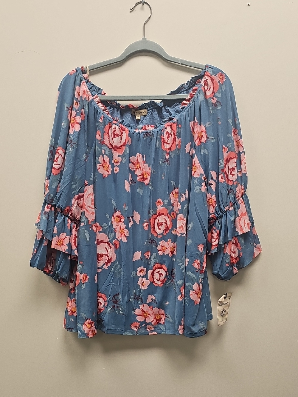 Democracy Blue Floral Off-Shoulder Peasant Blouse with Pink Roses - Picture 1 of 3